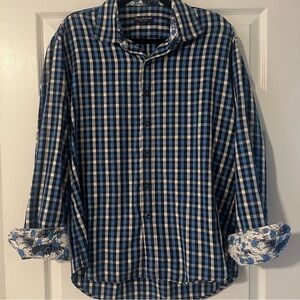 Men’s Marco Brunelli Blue Checkered Floral Button Flipped Cuff Dress Shirt Large